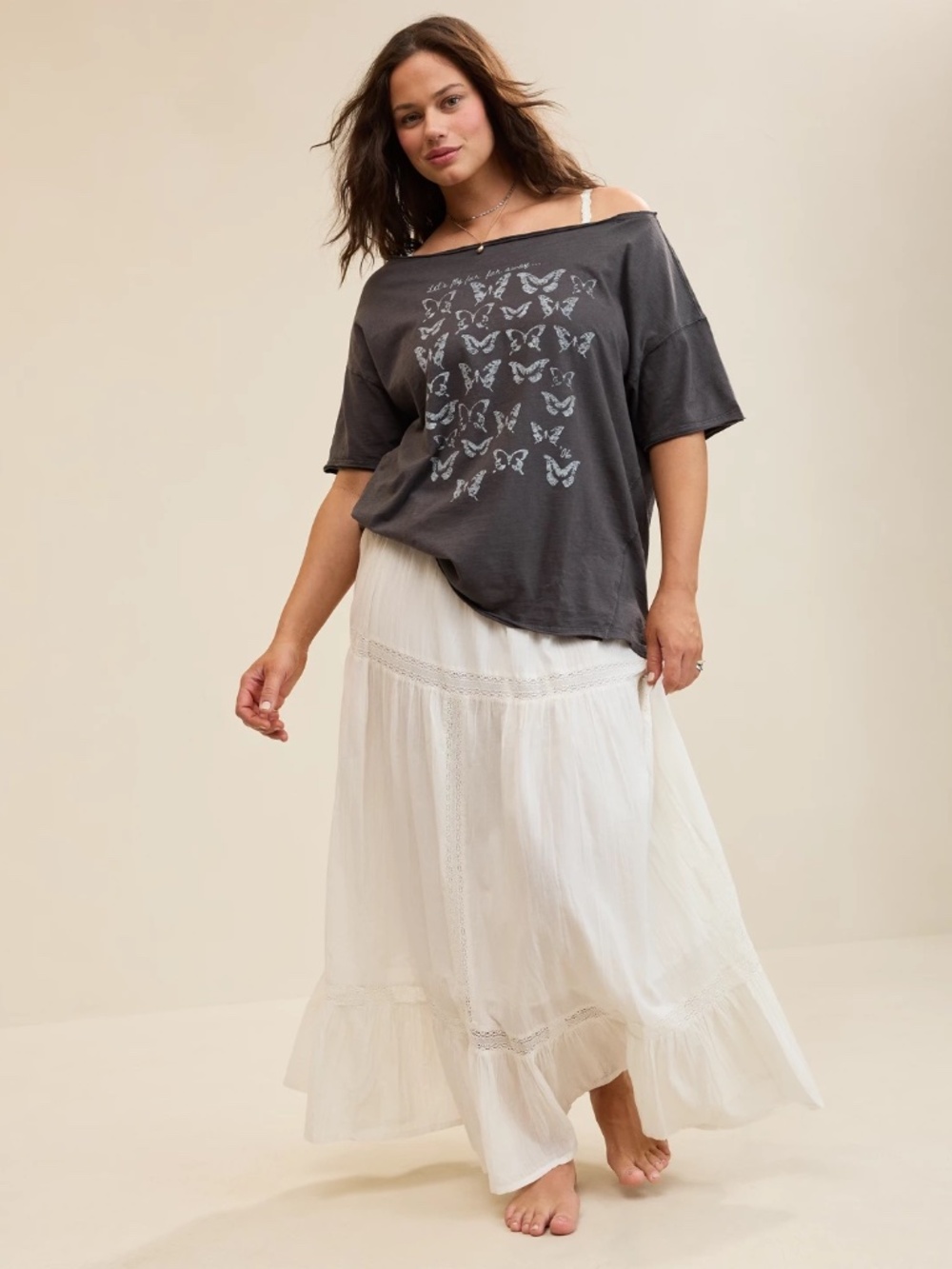 Aerie Off The Shoulder Oversized Boyfriend T-Shirt - gray butterfly print